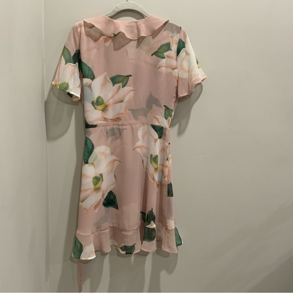 Show Me Your Mumu Pink Magnolia Floral Ruffle Wrap Mini Dress Small - Picture 16 of 17